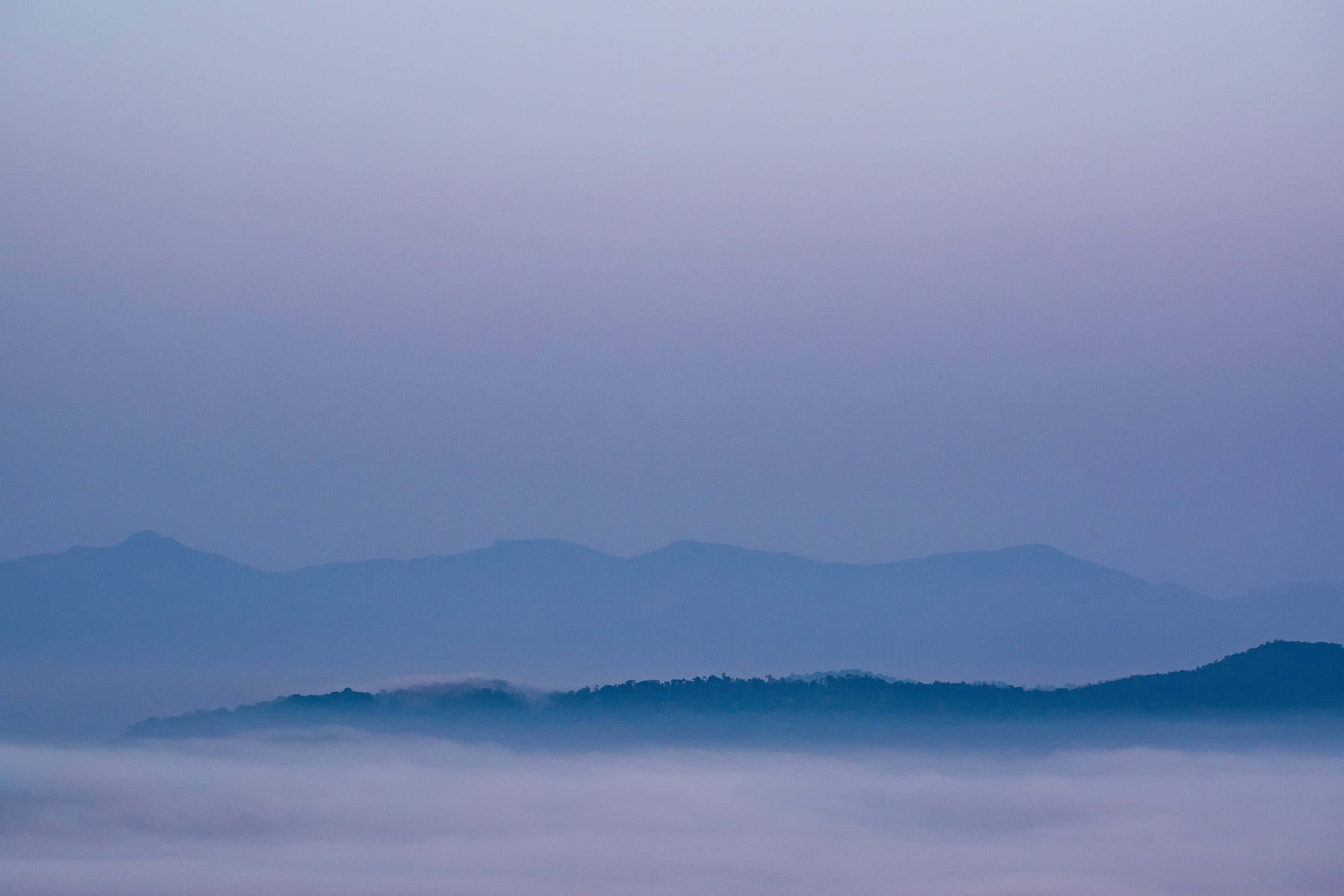 Ridges of the Western Ghats above a sea of mist at golden hour, seen from Raja's Seat